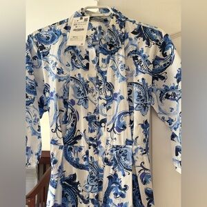 Zara White Shirt with Blue Paisley Print Midi Dress, Size XS NWT